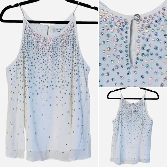 Milly x Revolve White Silk Flyaway Crystal Rhinestone Camisole Tank Top Sz S/4-6 - Picture 2 of 16